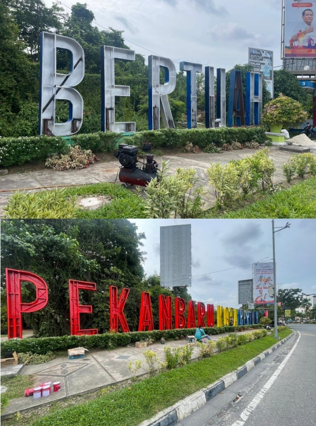 Foto : Situasi perubahan Tulisan menjadi 'Bertuah' di Pekanbaru, senin (12/6), Ist