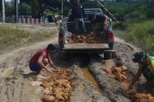 Satgas Yonarmed 10 Kostrad Bersama Warga Gotong Royong Memperbaiki Jalan Rusak